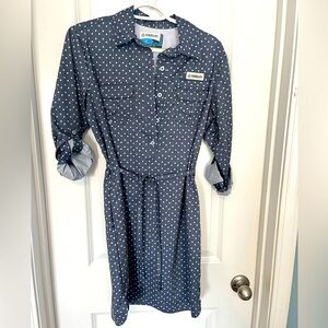 Magellan Outdoor fish gear denim blue with white polka dot dress. Size S